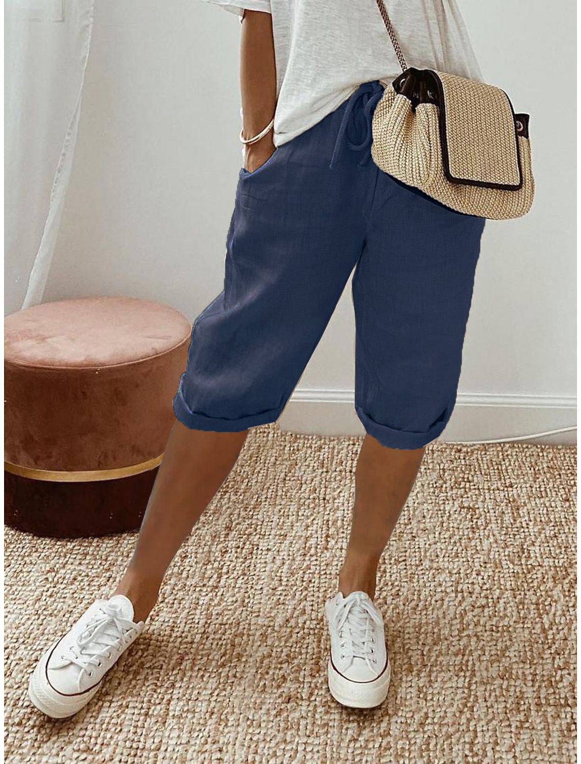 Pantalones cortos de algodón y lino para mujer