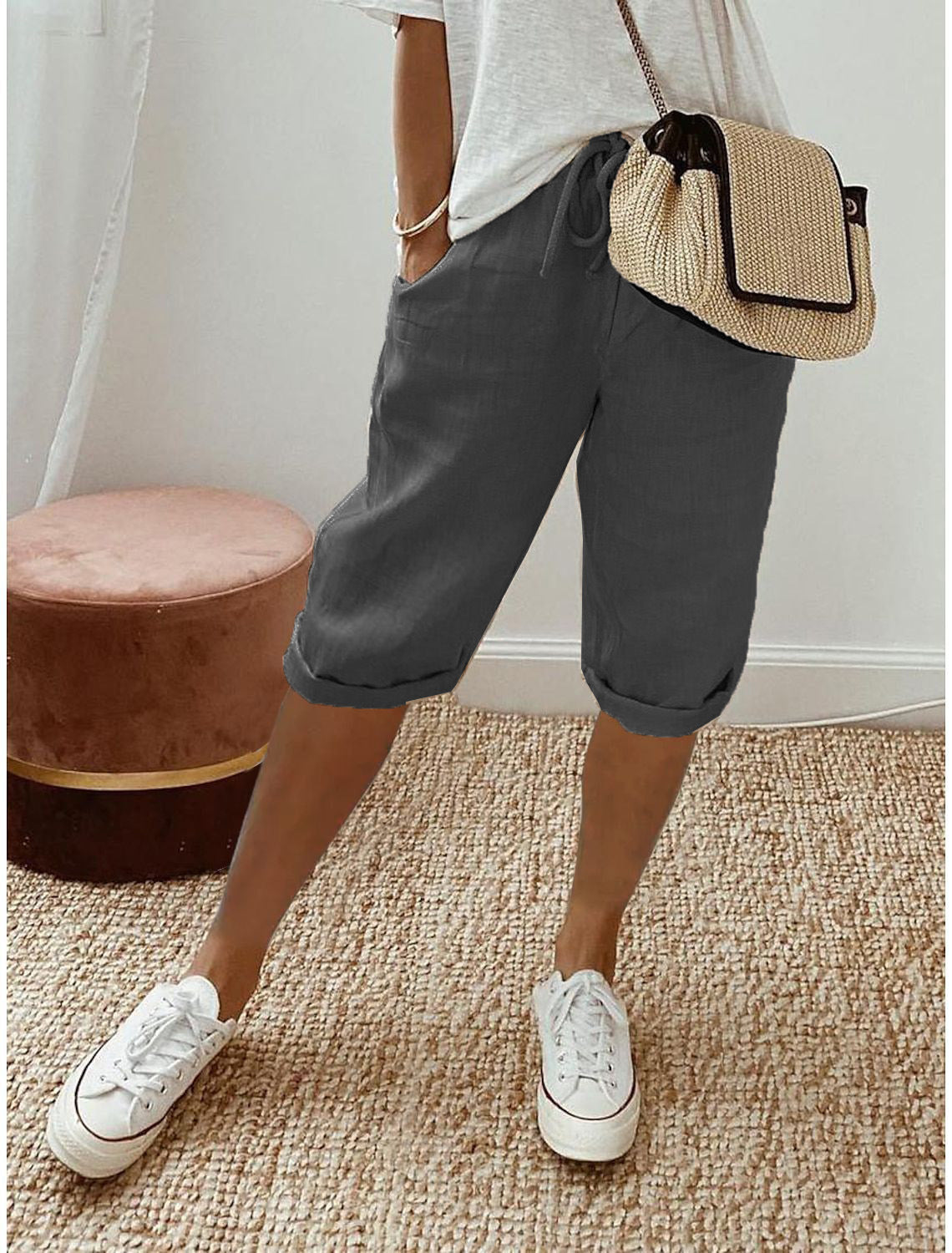 Pantalones cortos de algodón y lino para mujer