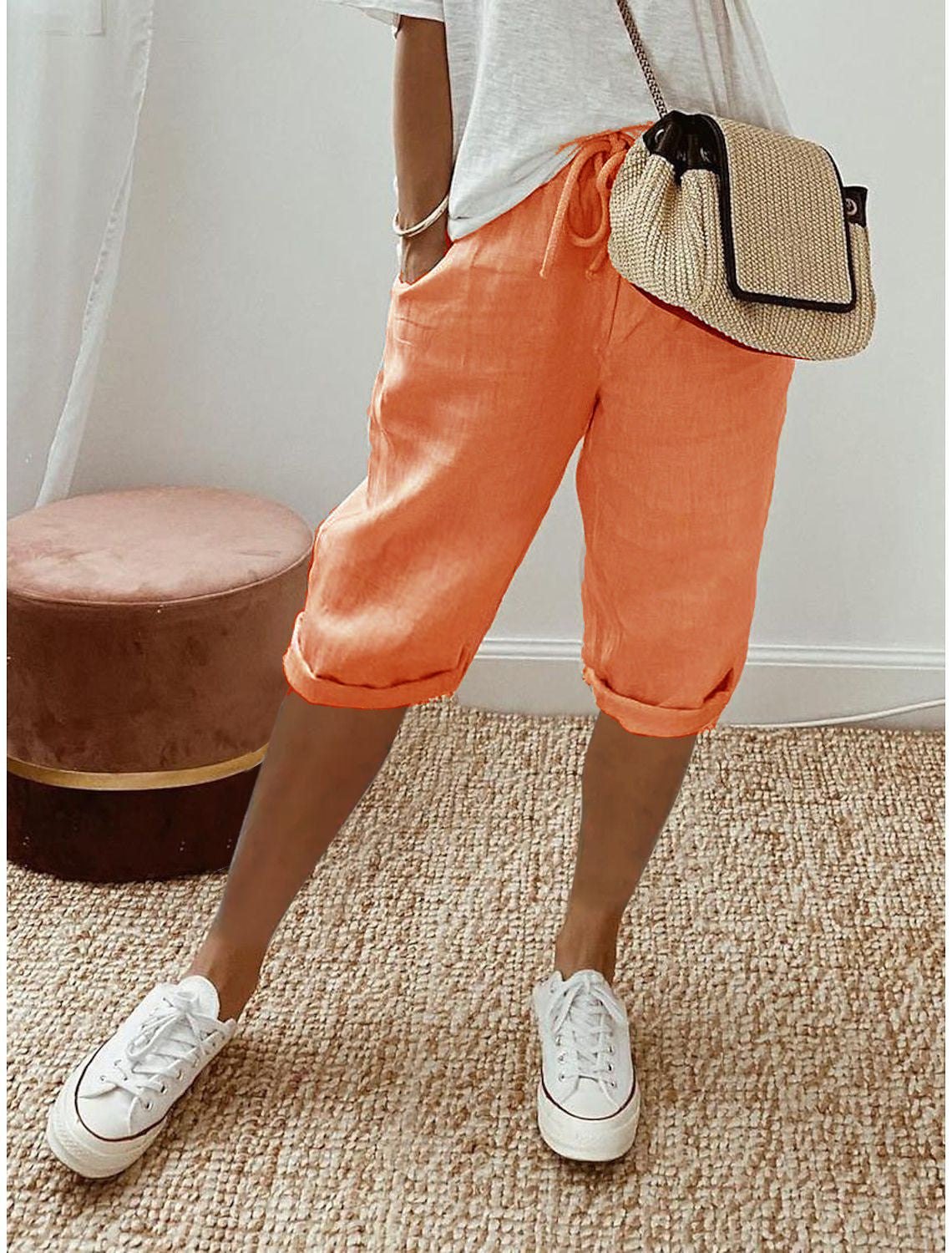 Pantalones cortos de algodón y lino para mujer