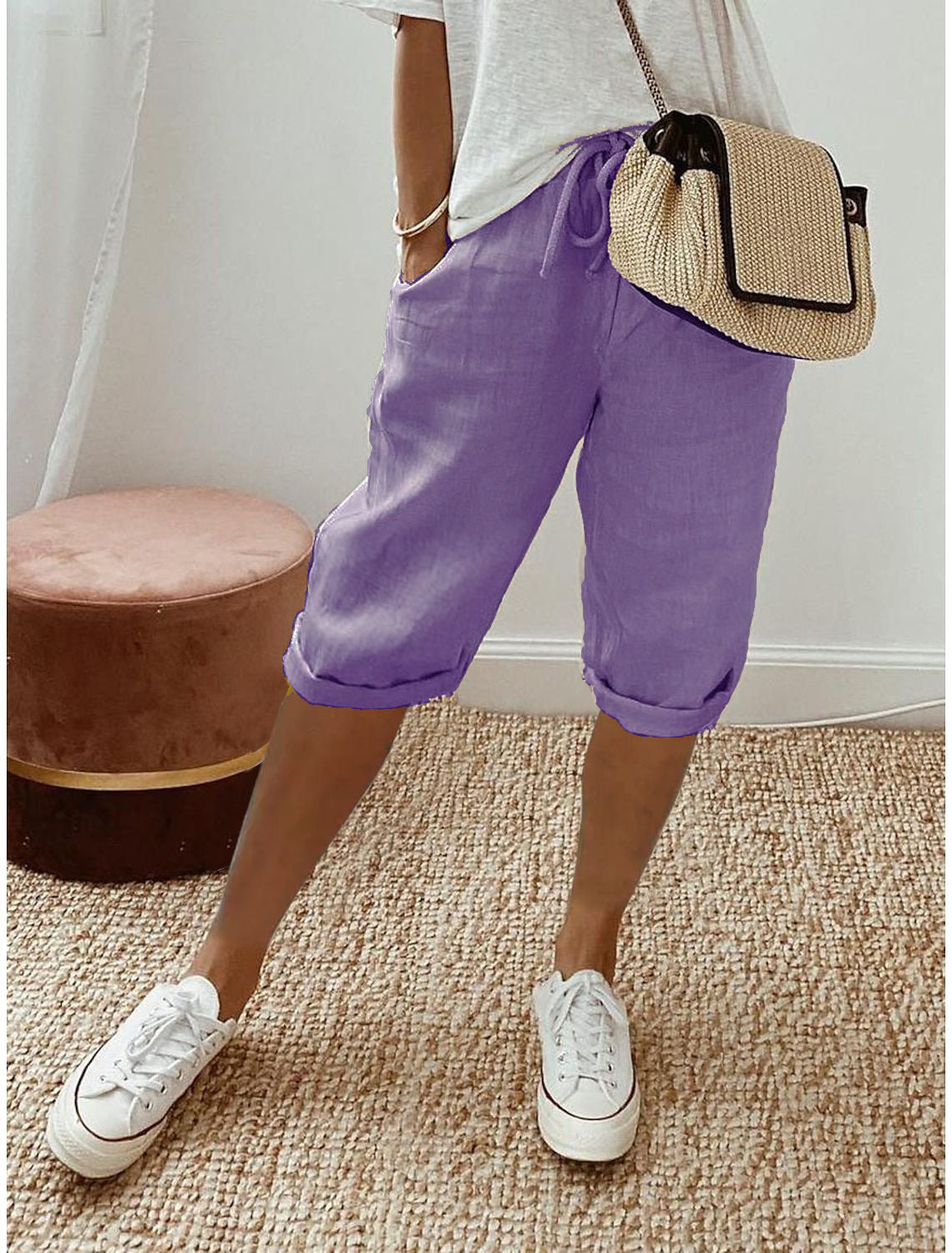 Pantalones cortos de algodón y lino para mujer