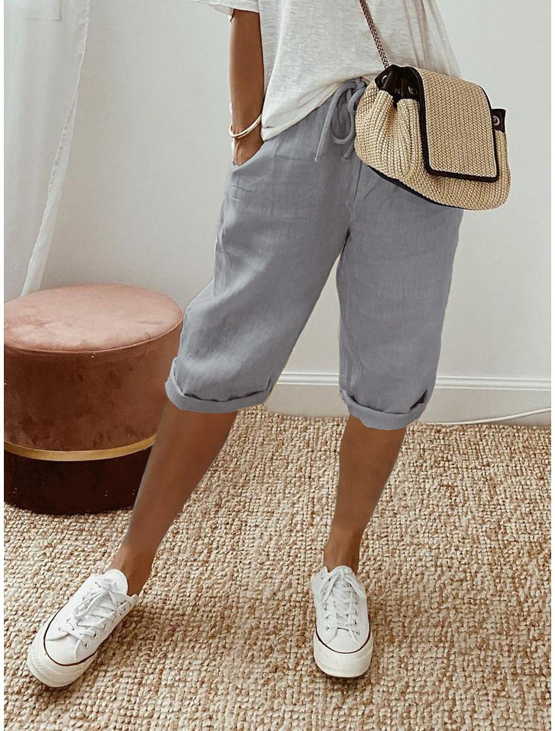Pantalones cortos de algodón y lino para mujer