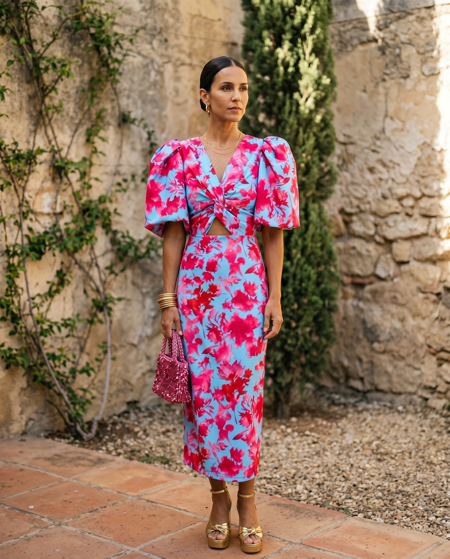 Carla | Vestido Midi Estampado con Mangas Abullonadas