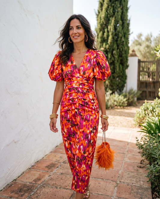 Carla | Vestido Midi Estampado con Mangas Abullonadas