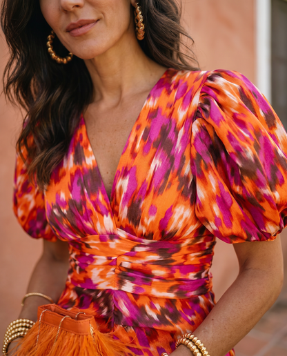 Carla | Vestido Midi Estampado con Mangas Abullonadas