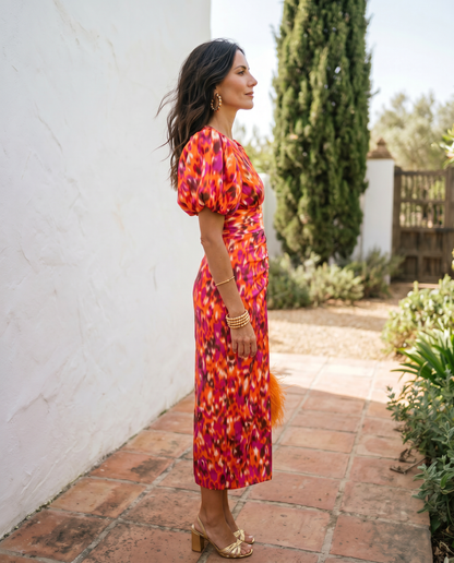 Carla | Vestido Midi Estampado con Mangas Abullonadas