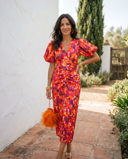 Carla | Vestido Midi Estampado con Mangas Abullonadas