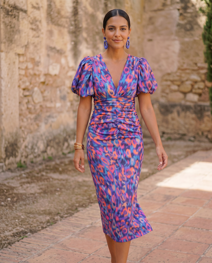Carla | Vestido Midi Estampado con Mangas Abullonadas