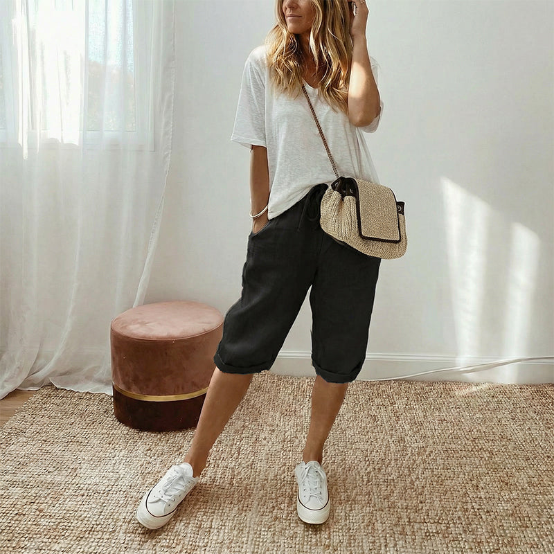 Pantalones cortos de algodón y lino para mujer