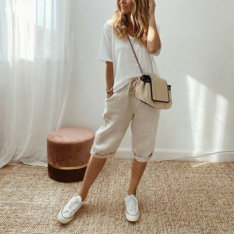 Pantalones cortos de algodón y lino para mujer