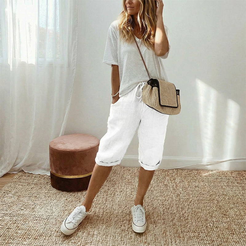 Pantalones cortos de algodón y lino para mujer