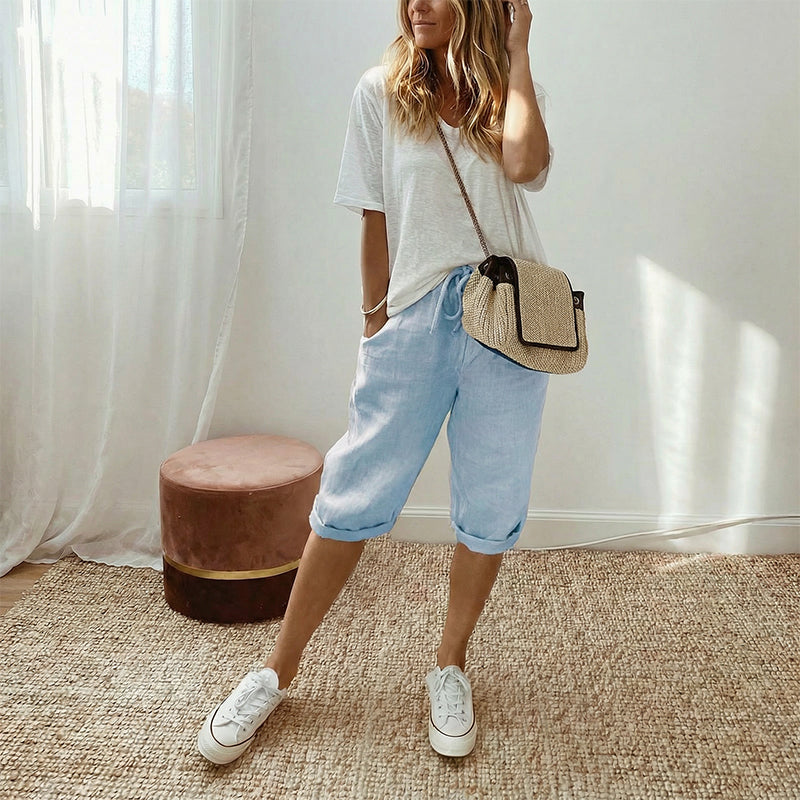 Pantalones cortos de algodón y lino para mujer